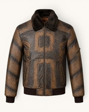 Genuine Leather Bomber Jacket, Brown, Shearling Collar, Quilted Lining picture