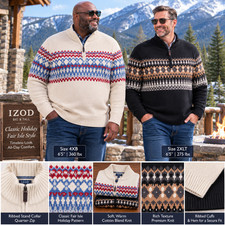 IZOD Men's Big & Tall Fair Isle Quarter Zip Sweater Cotton Holiday Classic Fit picture