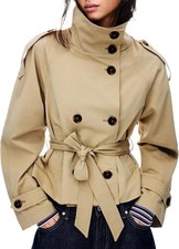 Womens Cropped Trench Coat Double Breasted High Collar Short Jacket with Belt picture