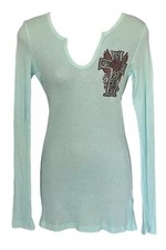 Vocal Womens Embellished Crystal Cross Long Sleeve Dip Dyed Top Green S M L picture
