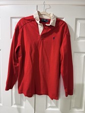 Polo Ralph Lauren Men's Red Rugby Shirt White Collar Long Sleeve size Medium picture