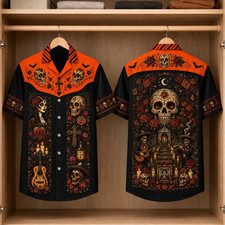 Day Of The Dead Men Hawaiian Shirt Sugar Skull Roses Mexican Button Down Shirt picture