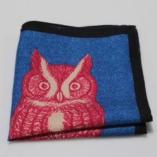 Roda NWOT Pocket Square In Blue with Red & Cream Owl Print and Black Border picture