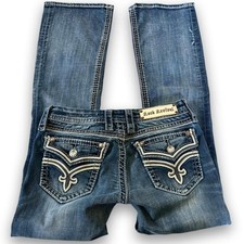 rock revival fleur de lis ornate low rise dark wash bootcut faded ashley jeans picture
