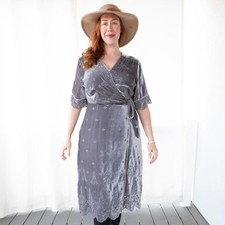Johnny Was VELVET DRESS Lola Wrap Midi Dress Grey / Lavender XL 14- 16 HOLIDAY picture