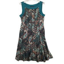 Perceptions Teal Brown Paisley Knit Fit & Flare Dress Sz 14 Stretch Knee-Length picture