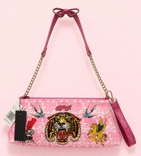 NWT Ed Hardy Pink Shoulder Bag Y2K Skull Print Gold Chain Purse Detachable Strap picture
