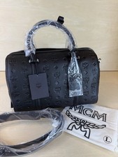 MCM Medium Boston Black Embossed Monogram Leather Satchel Bag NWT 26044J picture