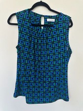 Calvin Klein Blue and Green Geometric Print Sleeveless Keyhole Blouse picture