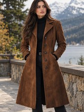 Women’s Genuine Goat Suede Trench Coat Brown 70s A-Line Long Handmade Overcoat picture
