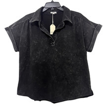 JODIFL Black Mineral Wash V-Neck Top Relaxed Rolled Cuff Boxy Boho Women's M NWT picture