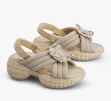 Roger Vivier Gold/White Leather Rhinestone Buckle Slingback Wedge Sandal 6 picture