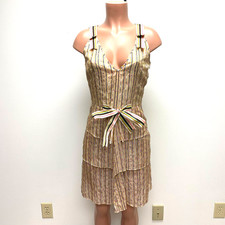VTG Cynthia Rowley Cream Black Striped Floral Silk V-Neck Bow Tiered Dress 6 New picture