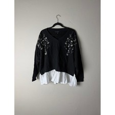 Calligraphie Black Beaded Mixed Media Sweatshirt White Pleated Hem XL NWT picture