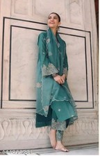 Women Designer Silk Blend Embroidered Kurta Pant Dupatta Set Indian Ethnic S-5XL picture