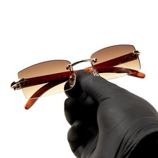 Gold Frame Mens Brown Tint Rimless Woodgrain Buffs Shades Hip Hop Sunglasses picture