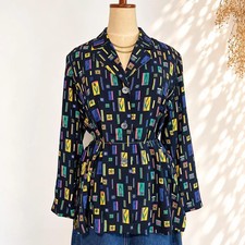 VTG 90s NWT 100% Silk Geometric Print Shirt Jacket Womens Navy Blue Blouse picture
