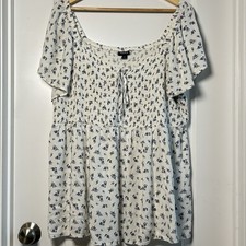 Torrid Cream Navy Ditsy Floral Smocked Tie Front Flutter Sleeve Babydoll Top picture