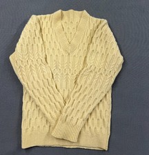 Vintage 1970s Monarcio Original Yellow Chunky Cable Knit V-Neck Wool Sweater picture