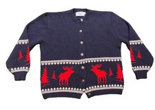 VTG 60s Jersild Nordic Cardigan Sweater Navy Red Moose Reindeer Pine Tree Sz XL picture