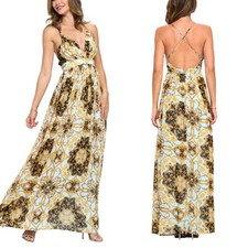 Ricarica Baroque Chiffon Maxi Dress Blue Gold Backless Wedding Guest M NWT picture