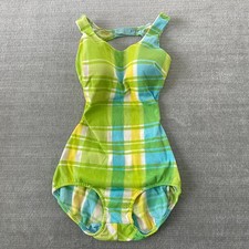 Vintage 60 70 Cole of California Swimsuit Retro Plaid Green One Piece Open Back picture