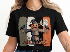 Spooky Scarecrow Halloween T-Shirt Pumpkin Crow Vintage Autumn Graphic Tee picture
