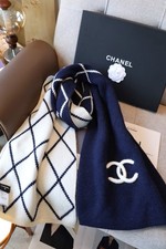 CHANEL Wool Cashmere Scarf Navy Blue Ivory Diamond Pattern CC Logo 30x180cm picture
