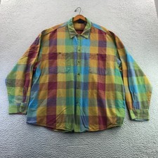 Vtg Bon Homme Shirt Mens Green Blue Plaid Loop Collar Camp Long Sleeve USA Made picture