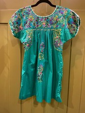 Vintage 70s Mexican Oaxacan Embroidered Green Cotton Peasant Dress - Small picture