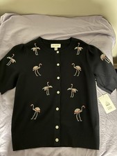 NWT FREE ASSEMBLY Blue w/ Bling FLAMINGOS Puff Shoulder Cardigan Sweater Sz S picture
