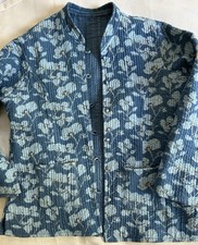 Women’s Blue White Floral reversible Cotton Quilted Kantha Jacket Block Print picture