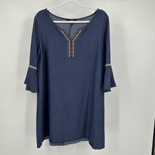 Naif Womens Boho Embroidered Shift Dress Size L Chambray Peasant Folk Artisan picture