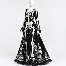 Women Gothic Skeleton Maxi Dress Halloween Costume Long Sleeve Black Party Gown picture