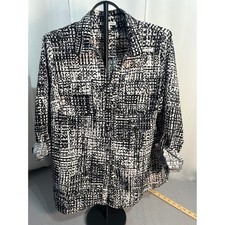 Notations Womens Black White Abstract Grid Print Roll Tab Button Down Shirt XL picture