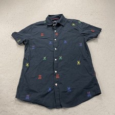 Psycho Bunny Shirt Mens Small Blue Skull Crossbones Logo Casual Button All Over picture