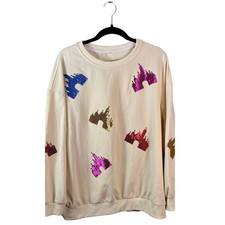 Disney Inspired Castle Sequin Oversized Sweatshirt Women's XL Cream Streetwear picture
