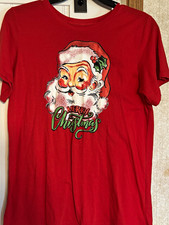 Unisex XL Red Knit Crew Neck Short Sleeve Santa Claus Christmas Graphic T-Shirt picture