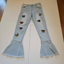 Colorful Butterfly Embroidered Flare Jeans Distressed Light Wash Wize L - Boho picture