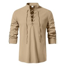 Men's Pirate Shirt Renaissance Costume Medieval Viking Long Sleeve Cotton Linen picture