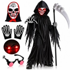 Kids Grim Reaper Halloween Costume Red Glowing Eyes Hooded Robe Scythe Light Up  picture