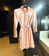 Versace Women’s Pink Geometric Shirt Dress S Long Sleeve Belted Collared picture