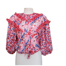 Vintage 1980s Diane Freis Blouse Bold Print Poly Georgette Ruffles Pink Red picture