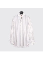 Isaia Napoli Shirt Size 17 (43 cm) Men Tan Gray Striped Cotton Made in Italy picture