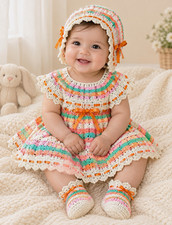 Handmade Crochet Cotton Striped Baby Dress Set Hat Socks Bow Button 3pc picture
