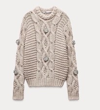 ZARA NEW WOMAN JEWELLED BEADED RHINESTONE KNIT SWEATER STONE Size S  3920/188 picture