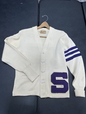 Vintage 50s Cream Stanford Letterman Sweater Yorkshire Clothes Redwood City Wool picture