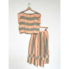 Albert Nipon Vintage 100% Linen Striped Crop Top and Pleated Midi Skirt Size S-M picture