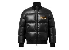 Mens Genuine Cowhide Leather Puffer Bomber Jacket Black Rib Collar Coat picture