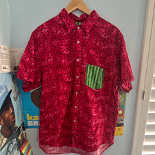 GOLF WANG Men’s XL Cotton Button-Up Shirt Red Inverted Watermelon Print Pockets picture